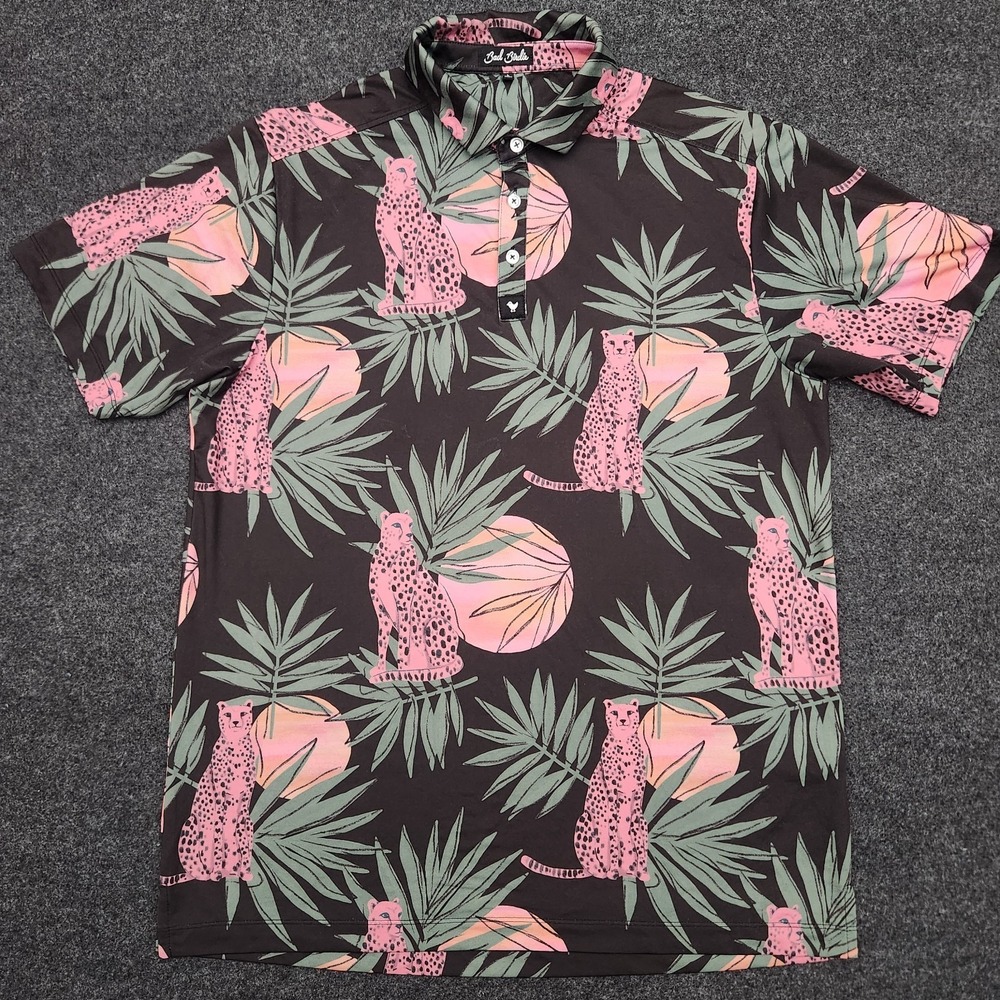 Bad Birdie Mens Large Performance Golf Polo Tropical Leopard Dayglow AOP Shirt